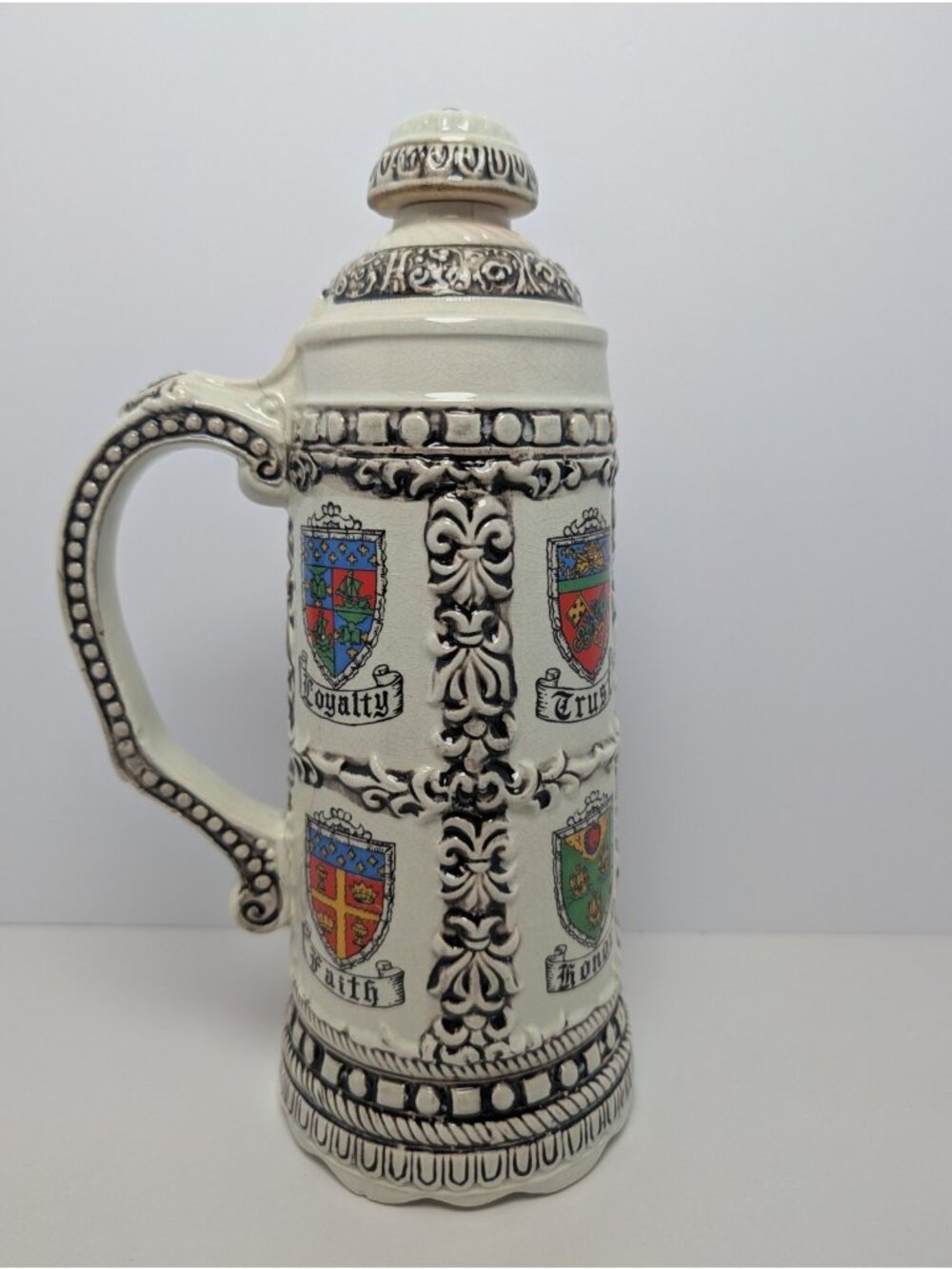 11" Vintage Ceramic Beer Stein Coats of Arms Loyalty Trust Faith Cork Lid Japan